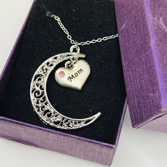 MOM Filigree Crescent Moon Necklace Mother Birthday Mothersday Gift Silver Pink - Picture 2 of 8